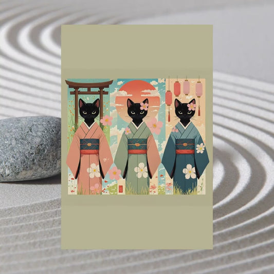 Three Black Cats in Kimonos – Japanese Scroll-Style Wall Art 🐾🎎