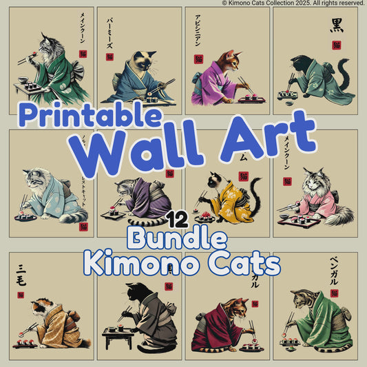 Kimonos Cats Eating Sushi - PRINTABLE Wall Art Bundle of 12