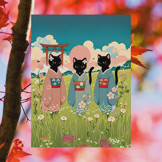 Three Black Cats in Kimonos – Wall Art 🐾🌸